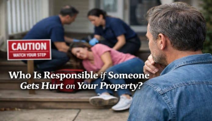 Concerned homeowner watches emergency responders assist an injured woman near a porch warning sign, illustrating premises liability and the legal question, Who Is Responsible if Someone Gets Hurt on Your Property.
