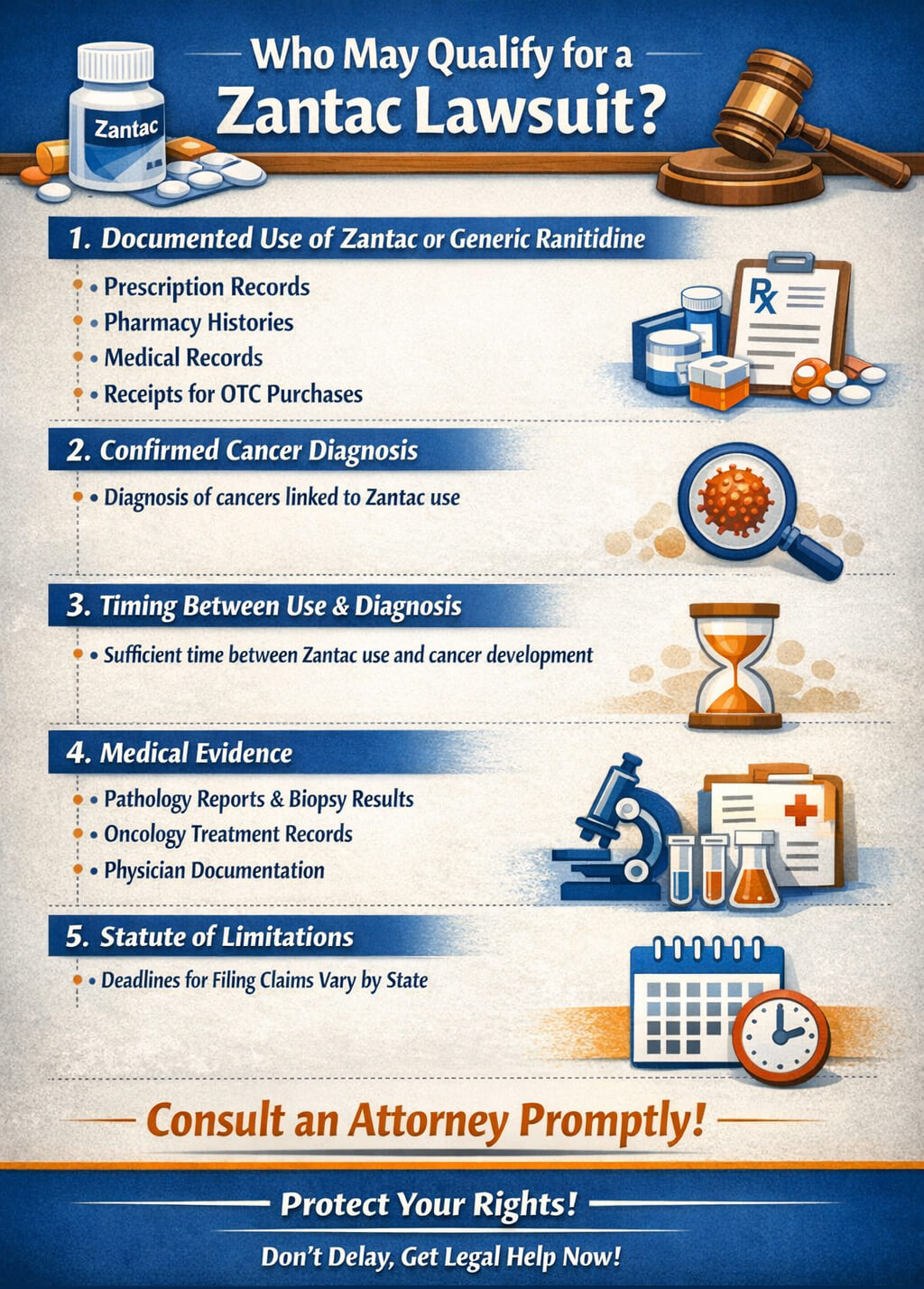 Who May Qualify for a Zantac Lawsuit - My Legal Opinion - My Legal Opinion Who May Qualify for a Zantac Lawsuit: Infographic outlining the criteria for filing a Zantac lawsuit, including documented use of Zantac, confirmed cancer diagnosis, timing between use and diagnosis, medical evidence, and the statute of limitations for filing claims.