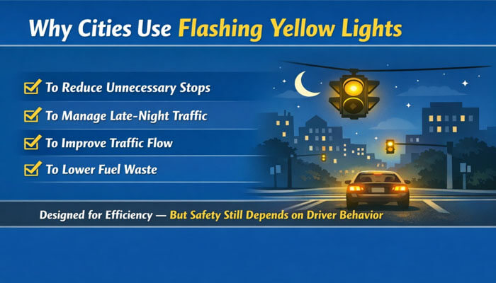 Why Cities Use Flashing Yellow Lights - My legal Opinion - My Legal Opinion Why cities use flashing yellow lights: to reduce unnecessary stops, manage late-night traffic, improve traffic flow, and lower fuel waste, with emphasis on driver behavior for safety.