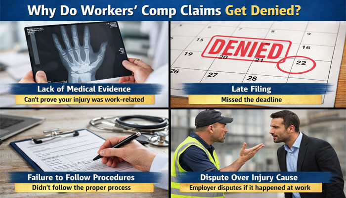Why Do Workers Comp Claims Get Denied - My Legal Opinion - My Legal Opinion Why Do Workers' Comp Claims Get Denied: Infographic showing reasons for denial, including lack of medical evidence, late filing, failure to follow procedures, and dispute over injury cause, with a focus on workers' comp claim denials and their impact on medical bills.