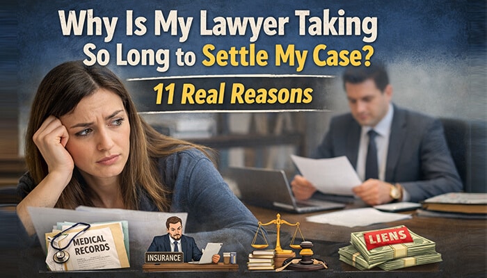 Why Is My Lawyer Taking So Long to Settle My Case? A frustrated client sitting at a desk surrounded by medical records, a balance sheet, and a lien document, while the lawyer works on case details.
