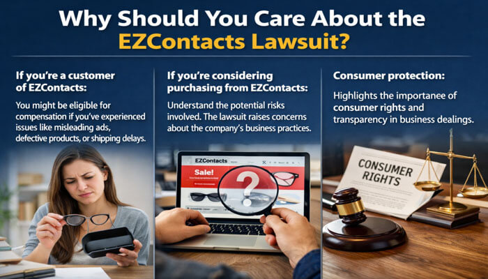 Why Should You Care About the EZContacts Lawsuit - My Legal Opinion - My Legal Opinion Infographic discussing the importance of the EZContacts lawsuit, with sections highlighting the potential for compensation, risks for potential buyers, and the importance of consumer protection in business practices.