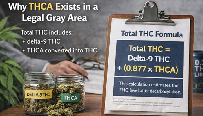 Why THCA Exists in a Legal Gray Area - My Legal Opinion - My Legal Opinion why THCA exists in a legal gray area, with a formula for total THC, including delta-9 THC and THCA conversion, displayed on a clipboard.