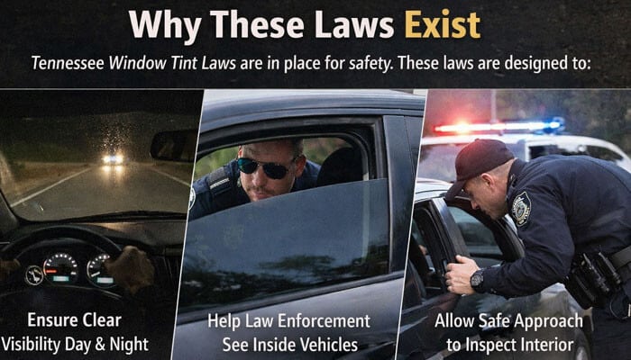 Why These Laws Exist - My Legal opinion - My Legal Opinion Legal Tint in Tennessee infographic showing three key reasons for window tint laws: ensuring clear visibility for drivers, helping law enforcement see inside vehicles during stops, and enabling a safe approach for inspecting vehicle interiors.