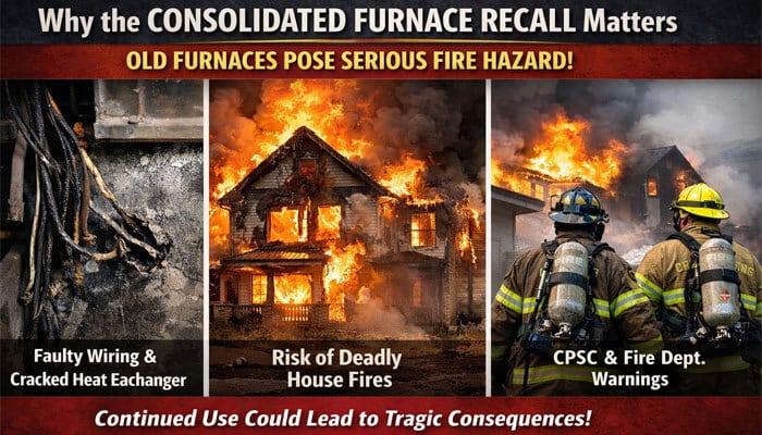 Why is the Consolidated Furnace Recall Important - My Lrgal Opinion - My Legal Opinion Why the Consolidated Furnace Recall Matters: Highlighting the dangers of old furnaces with faulty wiring and cracked heat exchangers, showcasing the risk of deadly house fires and warnings from the CPSC and fire departments.