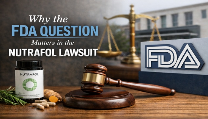 Why the FDA Question Matters in the Nutrafol Lawsuit -My Legal Opinion - My Legal Opinion Nutrafol Lawsuit concept image showing Nutrafol hair supplement bottle, FDA logo, courtroom gavel, and legal scale symbolizing legal allegations about marketing claims and FDA supplement regulation.