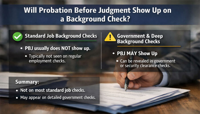 Will Probation Before Judgment Show Up on a Background Check - My Legal Opinion - My Legal Opinion Infographic explaining whether Probation Before Judgment (PBJ) shows up on background checks, comparing standard job checks and government/security clearance checks.
