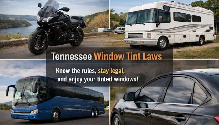 Window Tint for Other Vehicle Types - My Legal Opinion - My Legal Opinion Legal Tint in Tennessee infographic featuring four types of vehicles: a motorcycle, RV, bus, and sedan, highlighting the importance of knowing the state's window tint laws to stay legal and enjoy tinted windows.