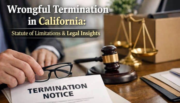 Wrongful Termination in California: Legal Insights on Statute of Limitations. A close-up of a termination notice on a desk with legal gavel and scales of justice, symbolizing the legal framework for wrongful termination claims in California. Learn about key legal insights, the statute of limitations, and how to navigate wrongful termination cases in California for employees seeking justice.