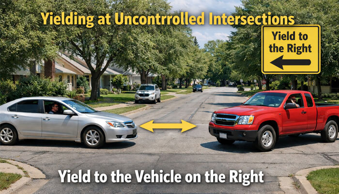 Yielding at Uncontrolled Intersections - My Legal Opinion - My Legal Opinion Yield the Right of Way: Two vehicles approaching an uncontrolled intersection with a 'Yield to the Right' sign, illustrating the rule What Does Yield the Right of Way Mean and yielding to the vehicle on the right at intersections.
