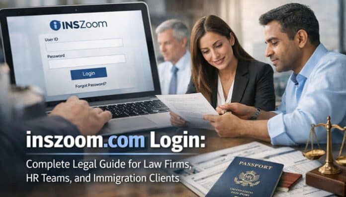 inszoom.com login screen on a laptop as legal and HR professionals review immigration documents, showing secure portal access, case management, client records, and compliance-focused workflow tools.