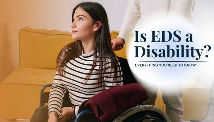Is EDS a Disability? woman using wheelchair due to Ehlers-Danlos Syndrome showing joint instability, chronic pain impact, and mobility limitations from connective tissue disorder