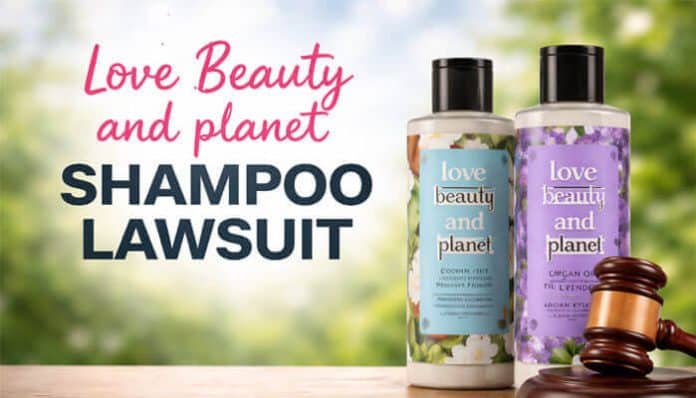 Love Beauty and Planet Shampoo Lawsuit graphic showing branded shampoo bottles and legal gavel highlighting deceptive ‘naturally derived’ claims in consumer class action case
