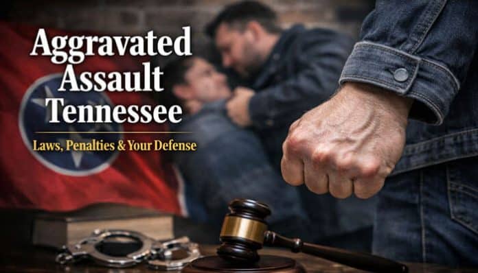 Aggravated Assault Tennessee legal concept showing courtroom gavel, handcuffs and a violent altercation scene representing Tennessee aggravated assault charges and penalties.