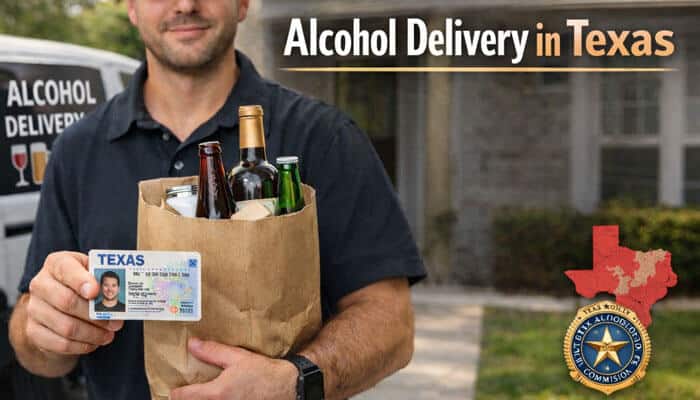 Alcohol Delivery in Texas - My Legal Opinion - My Legal Opinion Image of a delivery driver handing over a paper bag containing alcoholic beverages, accompanied by a Texas ID and the Texas Alcoholic Beverage Commission logo, illustrating the process of alcohol delivery in Texas. With the rise of alcohol delivery services, understanding Texas Liquor Laws is crucial, as the state requires in-person age verification for alcohol deliveries, ensuring compliance with legal regulations and preventing underage sales.