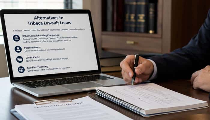 Alternatives to Tribeca Lawsuit Loans - My Legal Opinion - My Legal Opinion Business professional considering alternatives to Tribeca Lawsuit Loans on a laptop, exploring other financing options like personal loans and law firm financing.