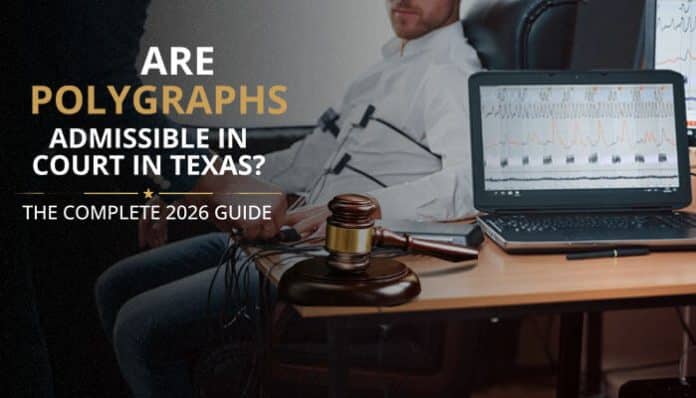 Professional polygraph test setup in a legal office with a subject connected to a lie detector and a judge’s gavel nearby, illustrating the question Are Polygraphs Admissible in Court in Texas for an SEO‑focused legal guide.