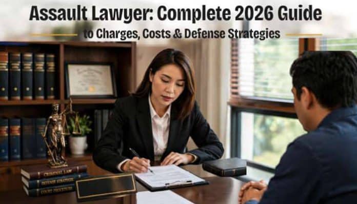 Professional Assault Lawyer consultation scene discussing legal strategy in a modern office