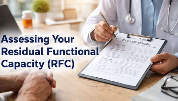 Assessing Your Residual Functional Capacity (RFC) - My Legal Opinion - My Legal Opinion Disability Determination Pending Step 4 of 5: A medical professional assessing a patient's Residual Functional Capacity (RFC) with an RFC assessment form. This process is key in determining the level of work the patient can still perform, influencing their disability determination.
