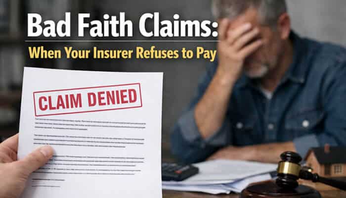 Bad Faith Claims: When Your Insurer Refuses to Pay - My Legal Opinion - My Legal Opinion Is Uninsured Motorist Coverage Required in Georgia legal and insurance dispute concept showing a denied insurance claim document labeled “Claim Denied,” an upset policyholder, and a judge’s gavel symbolizing bad faith insurance practices, UM coverage claim disputes, and consumer protection under Georgia auto insurance law.