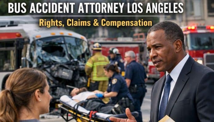 Bus accident attorney in Los Angeles discussing with a client after a bus crash.