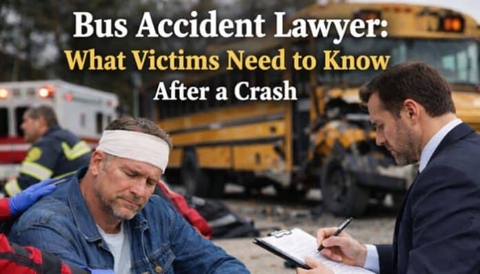 Bus Accident Lawyer helping injured victim after bus crash scene with emergency response and legal consultation