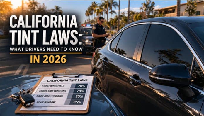 California Tint Laws illustrated with a police officer inspecting a dark tinted car on a sunny street, showing legal window tint percentages including 70 percent VLT for front side windows, limited windshield tint strip, and unrestricted rear window tint under California vehicle code regulations