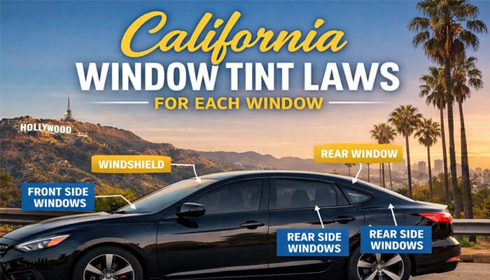 California Window Tint Laws for Each Window - My Legal Opinion - My Legal Opinion California Tint Laws diagram showing legal window tint rules including 70% VLT for front side windows, limited windshield strip, and unrestricted rear window tint