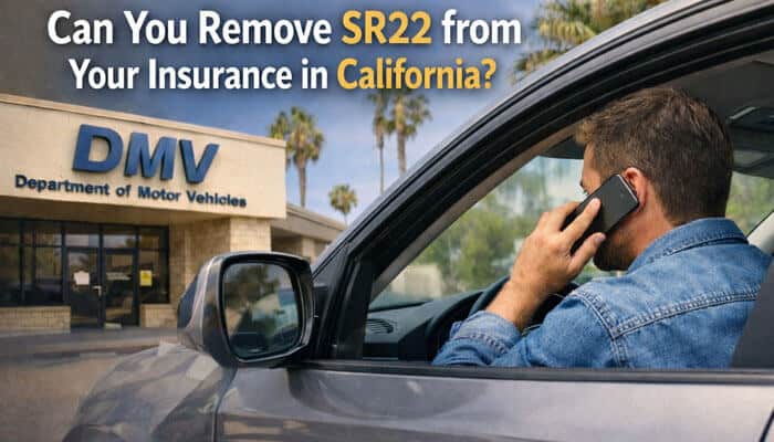 Can You Remove SR22 from Your Insurance in California - My Legal OPinion - My Legal Opinion SR22 insurance California guide showing a man in his car in front of the DMV building. The image asks if SR22 can be removed from insurance, reflecting the question many high-risk drivers face after completing their SR22 filing requirements in California.
