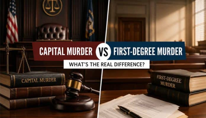 Photo illustrating the legal comparison of Capital Murder vs First‑Degree Murder, showing courtroom setting with scales of justice, law books labeled ‘Capital Murder’ and ‘First‑Degree Murder,’ and a judge’s gavel to visually convey the key differences in charges and penalties.