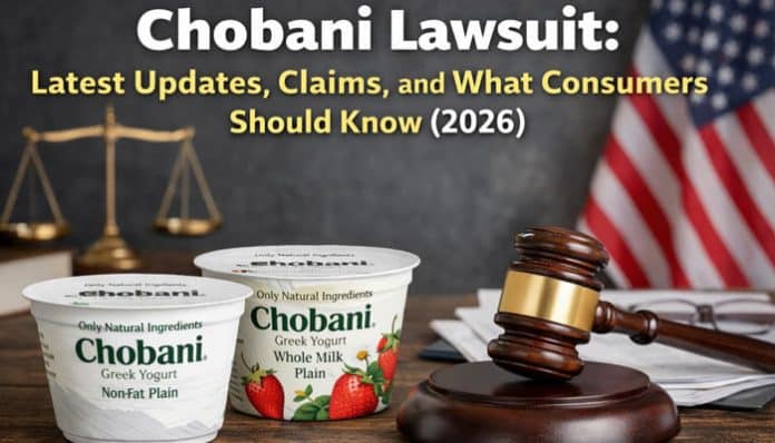 Chobani Lawsuit - Latest updates, claims, and important details about the ongoing case, featuring Chobani yogurt containers and a gavel, emphasizing the focus on consumer awareness.