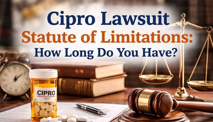 Cipro Lawsuit Statute of Limitations: How Long Do You Have? - My Legal Opinion - My Legal Opinion Cipro Lawsuit Statute of Limitations: Gavel, clock, and Cipro pill bottle illustrating the legal timeframe for filing a lawsuit against Cipro for injuries caused by the drug, such as tendon damage and nerve issues. Understanding the statute of limitations is crucial for patients seeking compensation before deadlines pass.