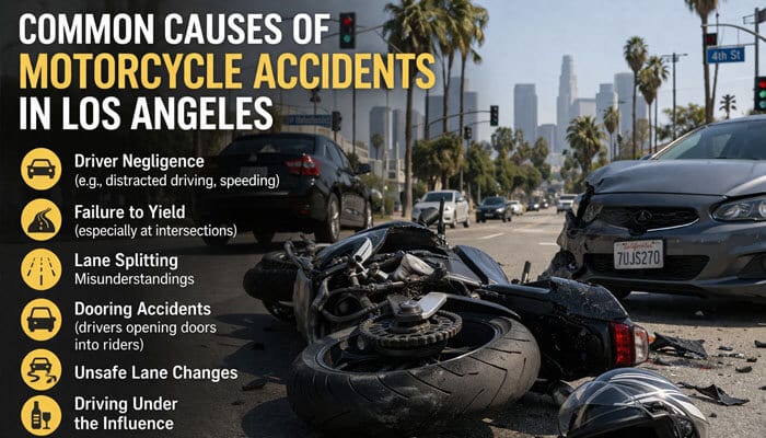 Common Causes of Motorcycle Accidents in Los Angeles - My Legal Opinion - My Legal Opinion common causes of motorcycle accidents in Los Angeles with a clear focus on the city's busy streets.