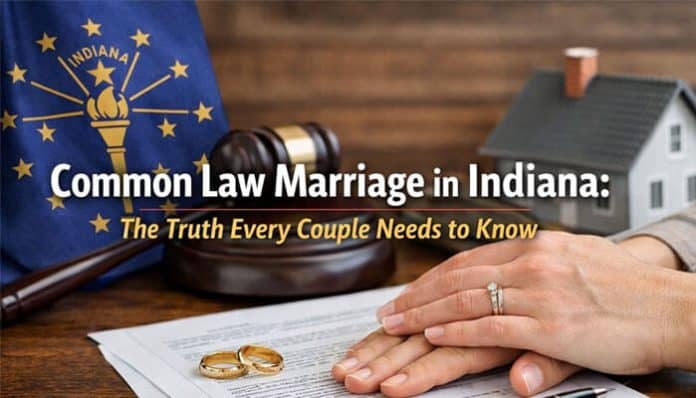 Common Law Marriage in Indiana: Legal rights and protections for couples without formal marriage. This image features important legal documents, a gavel, and a home, representing the truth couples need to know about their legal standing in Indiana without being married.