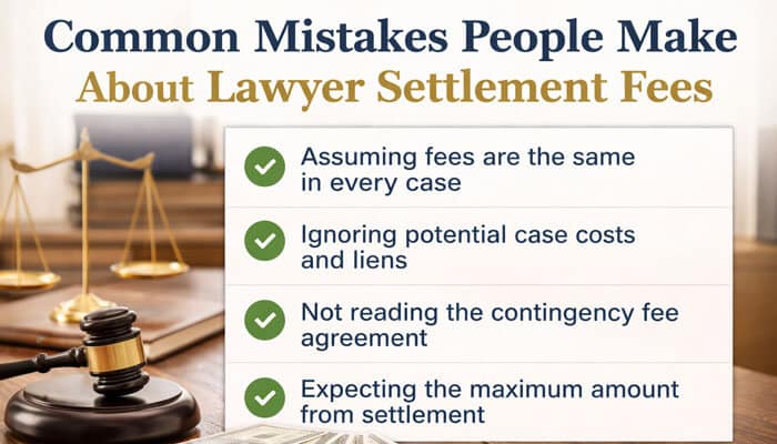Common Mistakes People Make About Lawyer Settlement Fees - My Legal Opinion - My Legal Opinion A checklist of common mistakes regarding lawyer settlement fees, such as assuming uniform fees and ignoring case costs.