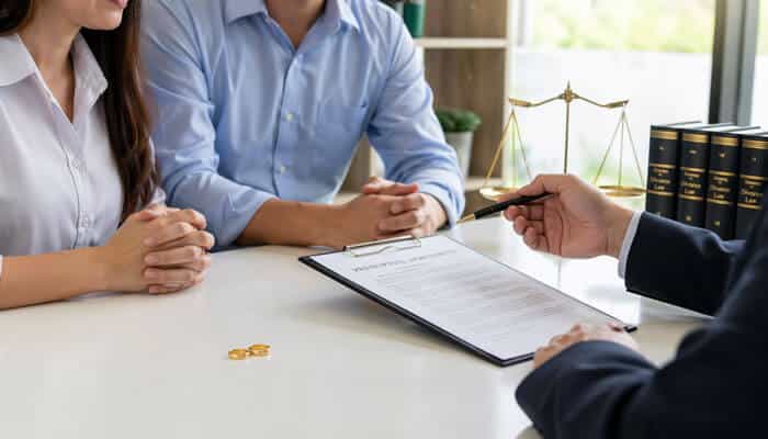 Common Reasons to Hire a Prenuptial Agreement Lawyer - My Legal Opinion - My Legal Opinion A couple discussing their prenuptial agreement with a lawyer, highlighting the importance of legal protection in marriage.