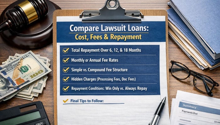 Compare Lawsuit Loans Based on Cost Fees and Repayment - My Legal Opinion - My Legal Opinion Compare Lawsuit Loans cost fees and repayment infographic with checklist showing total repayment, fee structure, and hidden charges