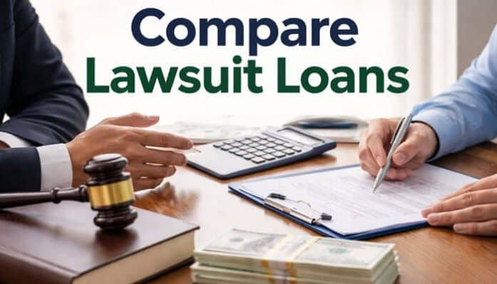 Compare Lawsuit Loans concept showing legal professionals reviewing documents, calculator, and cash for financial comparison