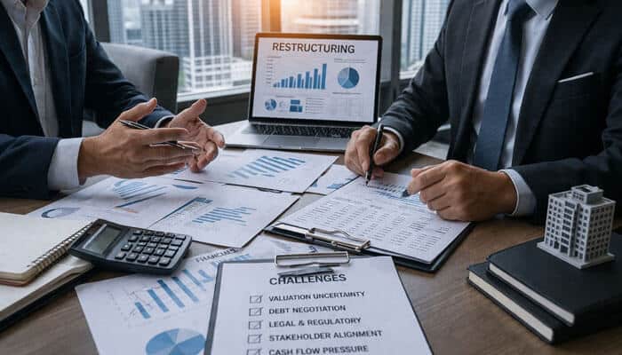 Complexities in the Restructuring Process - My Legal Opinion - My Legal Opinion Commercial Real Estate Restructurings meeting with finance professionals reviewing debt, valuation, and restructuring documents in an office.