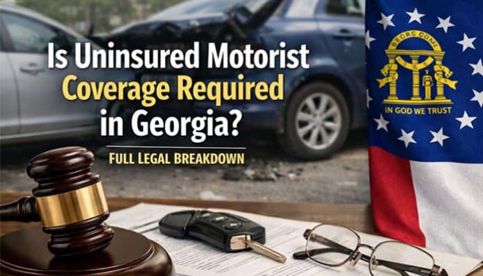 Is Uninsured Motorist Coverage Required in Georgia legal breakdown concept showing Georgia state flag, car accident scene, judge’s gavel, insurance documents, and car keys representing auto insurance claims, liability protection, and uninsured driver coverage rules under Georgia law.