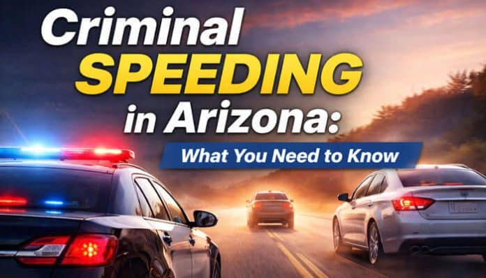 Criminal Speeding Arizona: An informative visual showing the consequences of criminal speeding in Arizona, highlighting police involvement and the severe legal penalties under Arizona Revised Statute ARS § 28-701.02. This image emphasizes the importance of understanding criminal speeding charges, which can result in permanent criminal records.