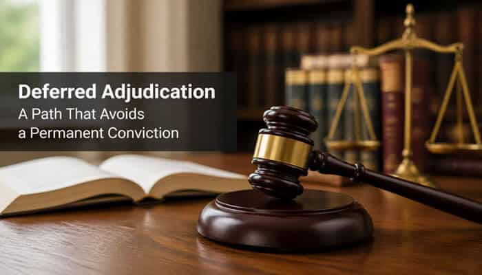 Deferred Adjudication: A Path That Avoids a Permanent Conviction - My Legal Opinion - My Legal Opinion Gavel and legal books representing the concept of Deferred Adjudication as a pathway to avoid a permanent conviction for charges like Evading Arrest Det W/Veh in Texas.