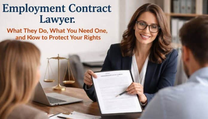 Employment contract lawyer explaining terms with clients in a modern law office, guiding them through legal agreements.