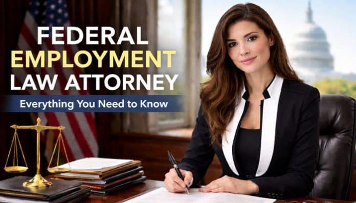 Federal Employment Law Attorney sitting at a desk with legal scales and books in a law office setting, signing documents. Learn everything you need to know about federal employment law with expert legal guidance.