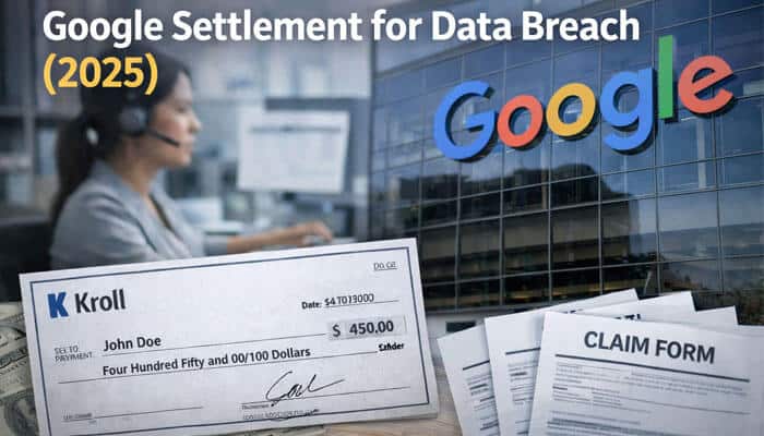 Google Settlement for Data Breach 2025 - My Legal Opinion - My Legal Opinion Is Kroll Settlement Legit visual with Google settlement for data breach (2025) showing a Kroll settlement check, claim forms, Google building, and customer support imagery to highlight legitimacy questions and research into data breach settlements.”