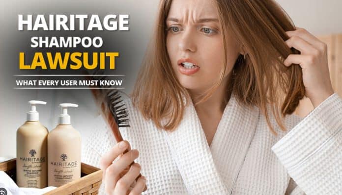 Hairitage Shampoo Lawsuit graphic showing frustrated woman finding excessive hair loss on comb with Hairitage Shampoo bottles, warning users about legal claims and potential product issues.