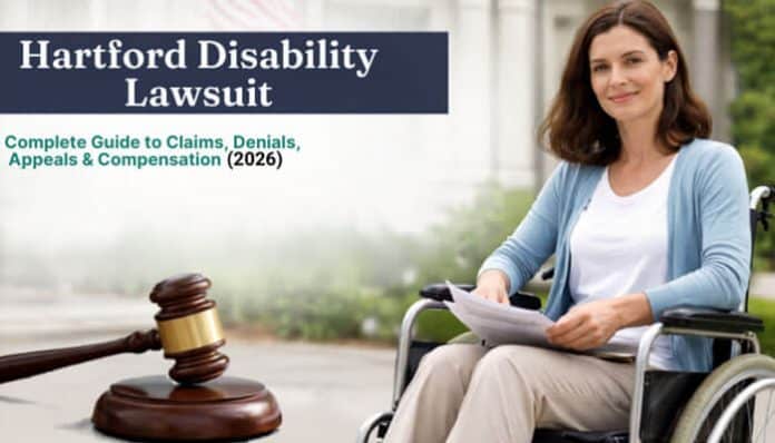 Professional reviewing documents related to a Hartford Disability Lawsuit claim and insurance dispute
