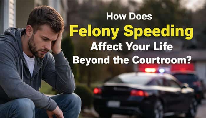 How Does Felony Speeding Affect Your Life Beyond the Courtroom? - My Legal Opinion - My Legal Opinion Man reflecting on the consequences of felony speeding charges while police cars are in the background, illustrating how What Is Felony Speeding can affect life beyond the courtroom.
