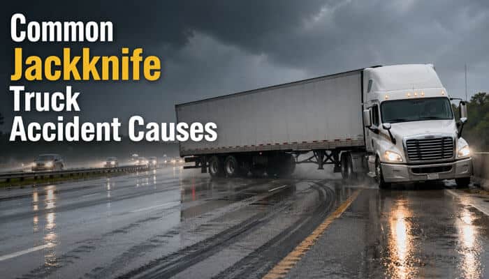 How Does a Jackknife Truck Accident Happen- My Legal Opinion - My Legal Opinion Jackknife Truck accident causes with semi-truck skidding on slippery wet road.
