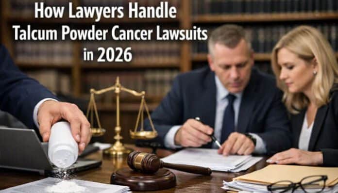 Talcum Powder Cancer Lawsuits legal case discussion showing lawyers reviewing documents, evidence, and court materials in 2026